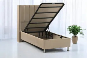 Lit coffre Tokyo 90 × 190 cm en velours taupe avec rangement intégré