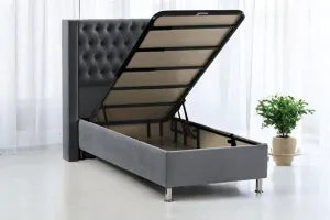 Lit coffre Venus 90 × 190 cm en velours gris avec rangement intégré