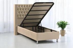Lit coffre Venus 90 × 190 cm en velours taupe avec rangement intégré