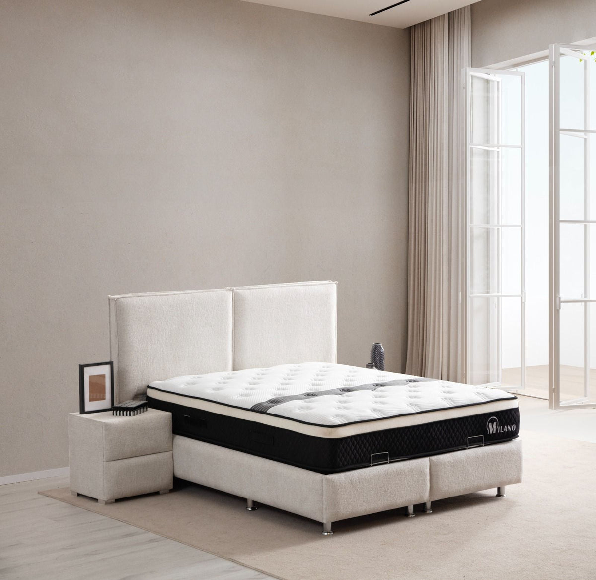 Lit coffre Maya tissu chenille blanc cassé