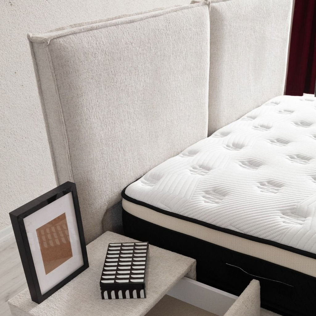 Lit coffre Maya tissu chenille blanc cassé