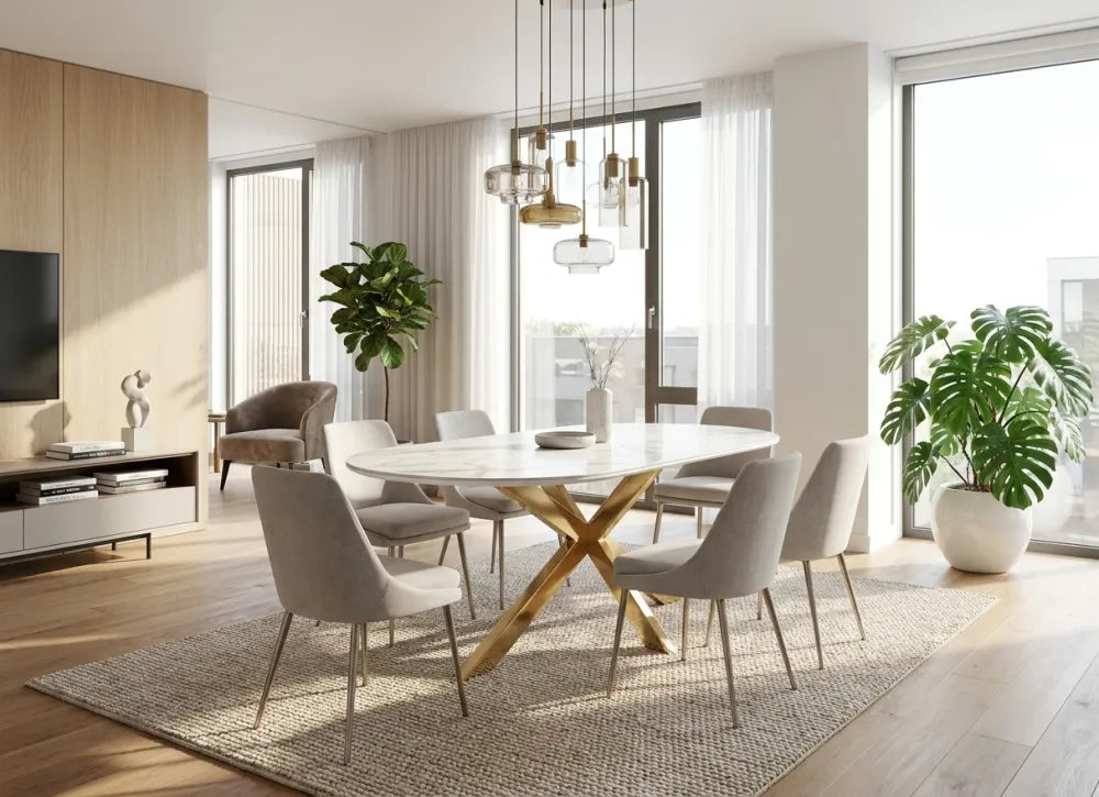 Table Repas Manon Pied doré Plateau Céramique Marbre Blanc 200X90Cm