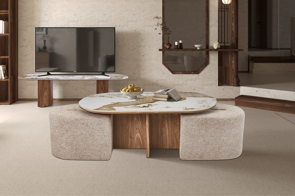 Table basse Evora avec 2 poufs en tissus