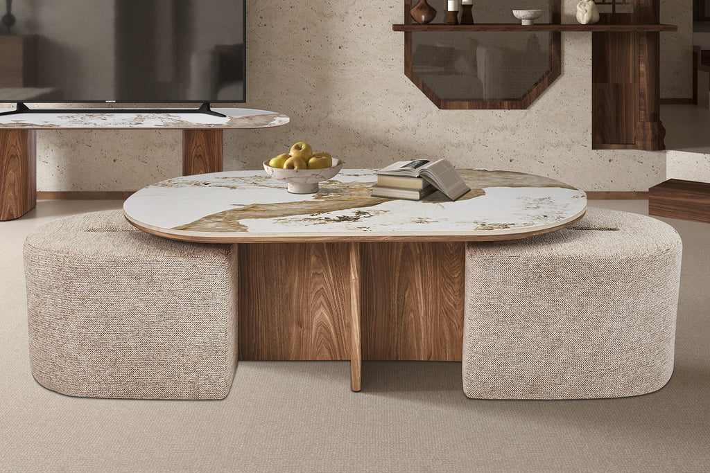 Table basse Evora avec 2 poufs en tissus
