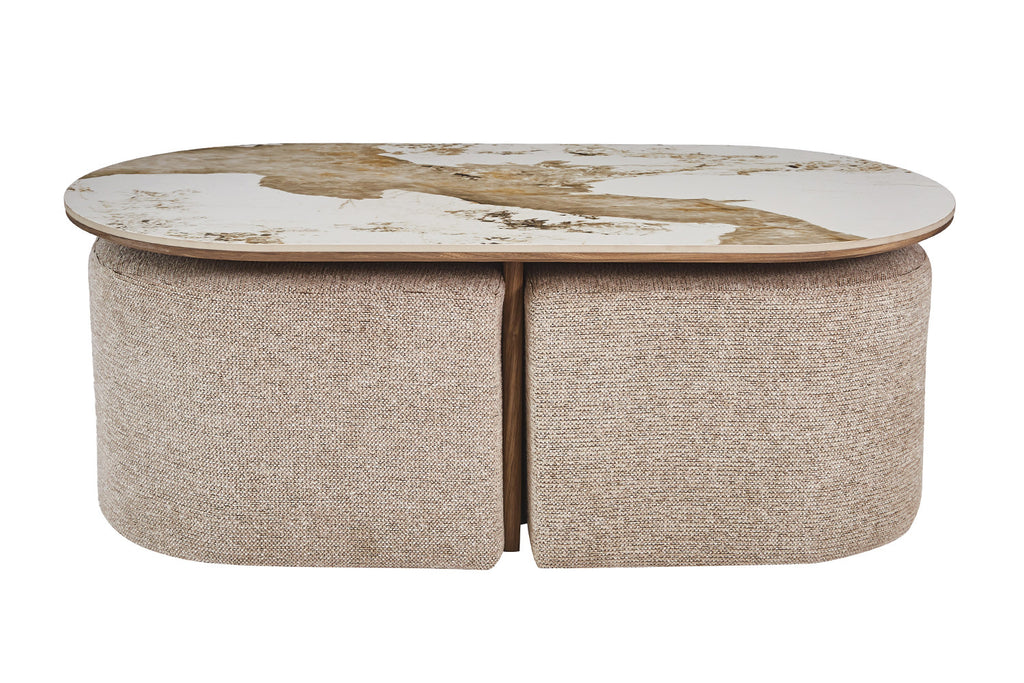 Table basse Evora avec 2 poufs en tissus