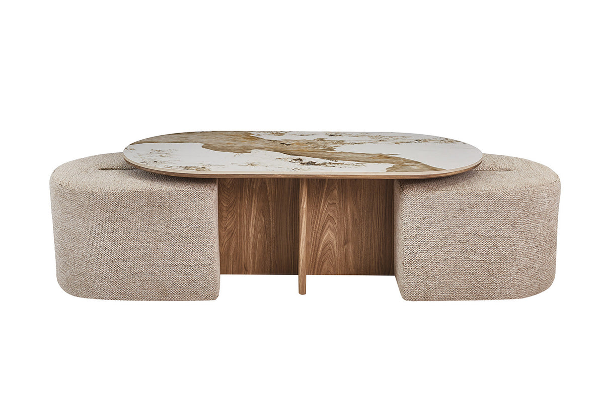 Table basse Evora avec 2 poufs en tissus