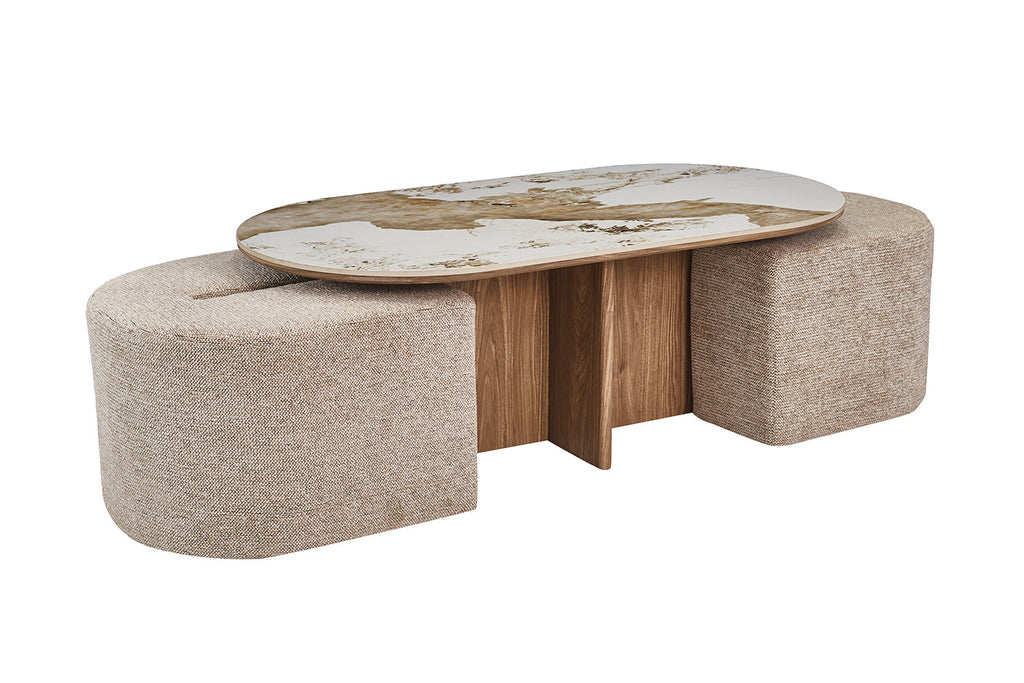 Table basse Evora avec 2 poufs en tissus