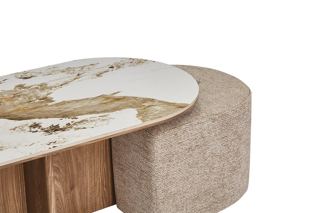 Table basse Evora avec 2 poufs en tissus