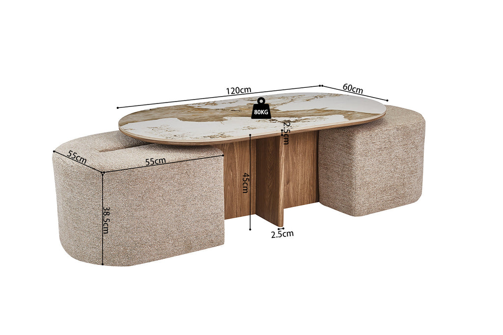 Table basse Evora avec 2 poufs en tissus