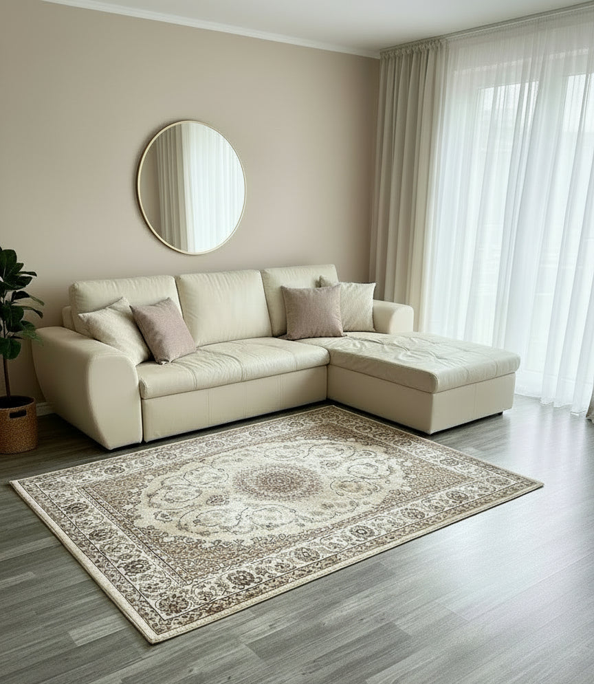 Tapis Dubai Merinos – Qualité Premium classique Beige Médaillon orientale