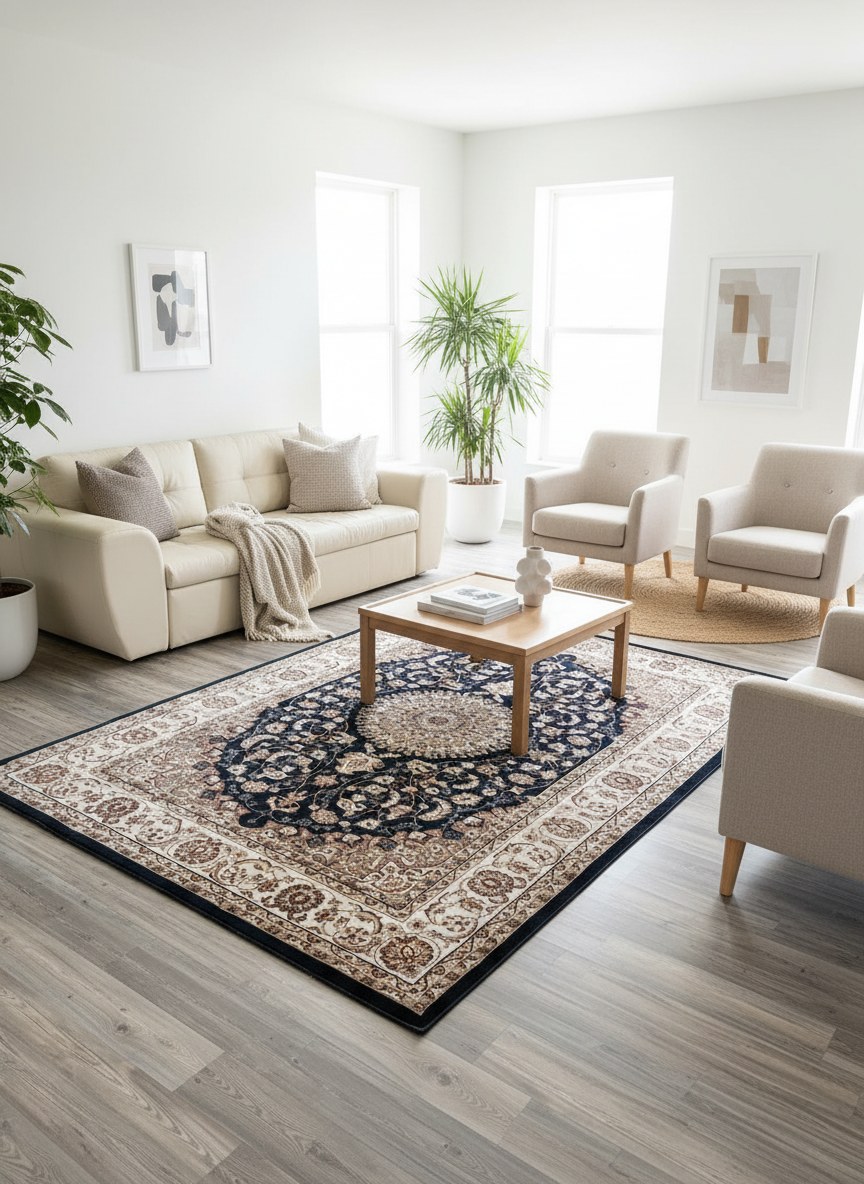 Tapis Dubai Merinos – Qualité Premium classique Bleu Médaillon orientale Vintage