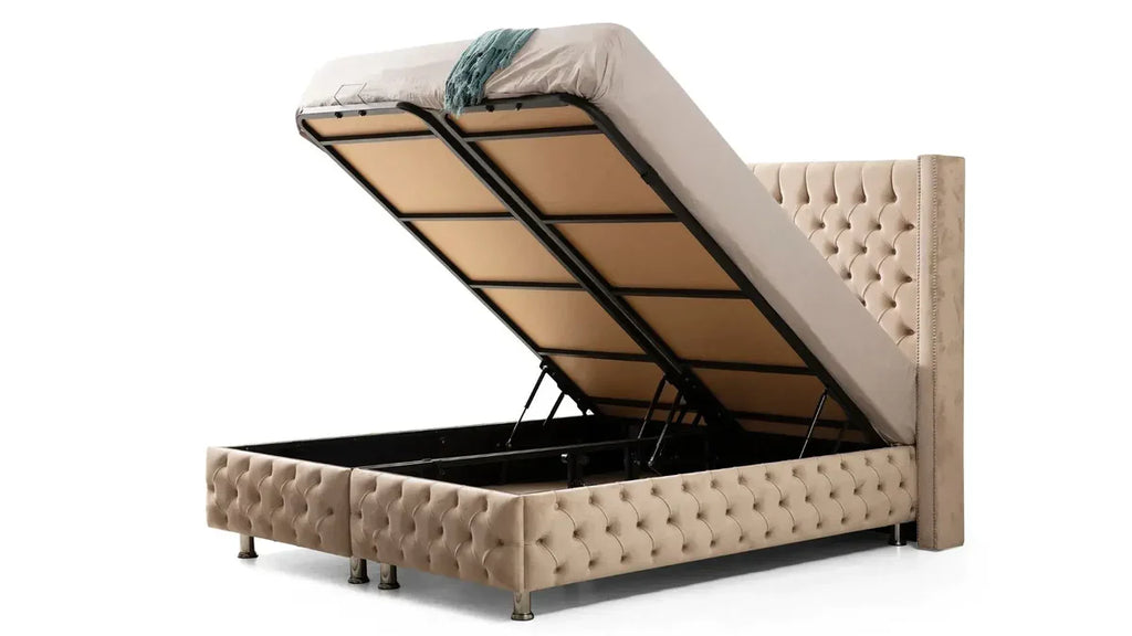 Lit Coffre Clouté Velours Beige