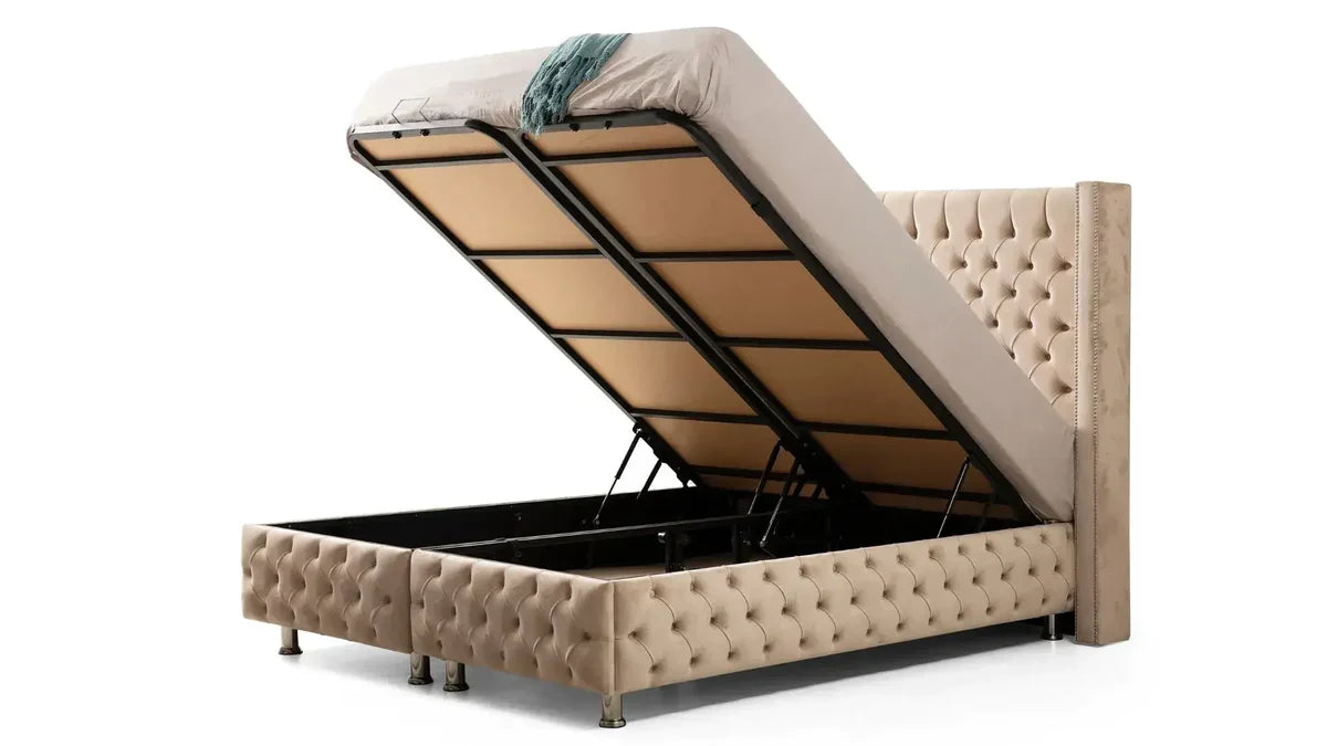 Lit Coffre Clouté Velours Beige