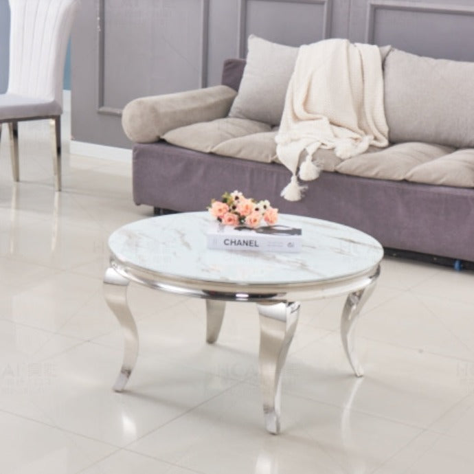 Table basse ronde Nansouty Argent marbre blanc