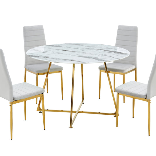 Table de salle à manger ronde avec pieds or et plateau en verre trempé effet marbre blanc