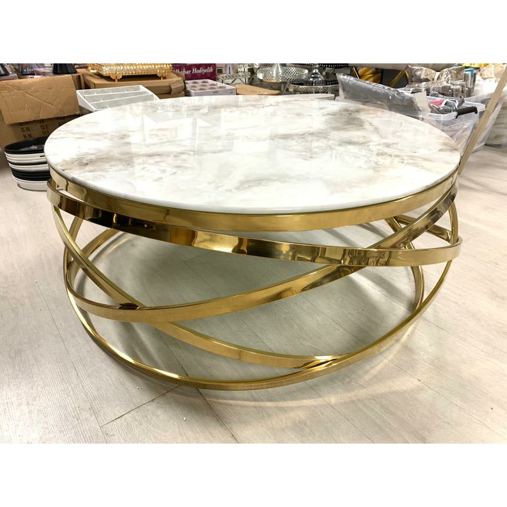 Table basse ronde Evol Or marbre blanc